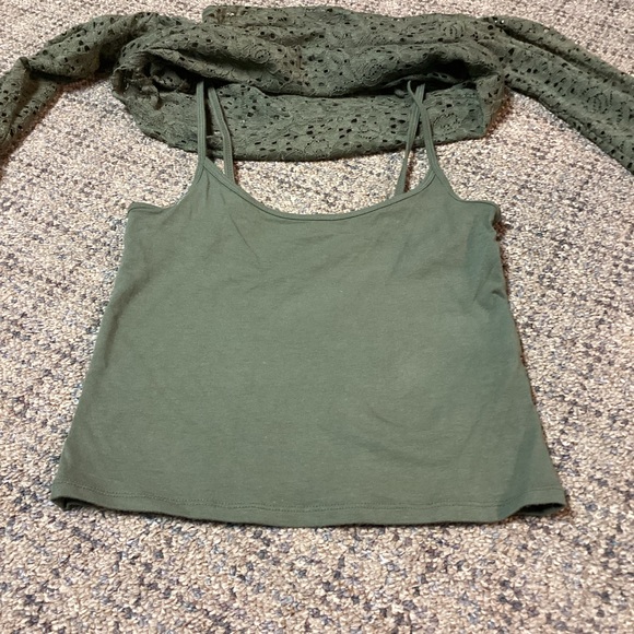 Hollister Olive Green Floral Lace Sheer Long Sleeve & Layering Tank Top Size XS - Picture 6 of 10